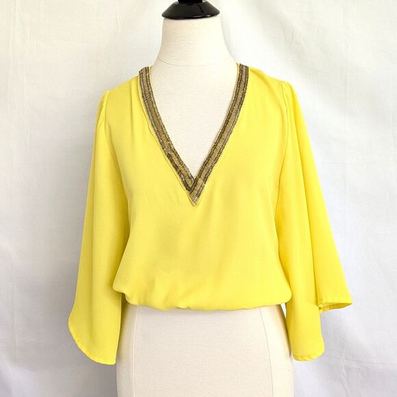BEBE Yellow Blouse Small Beaded V-Neck Shirred Waist Peasant Top Boho Festival - Picture 2 of 16